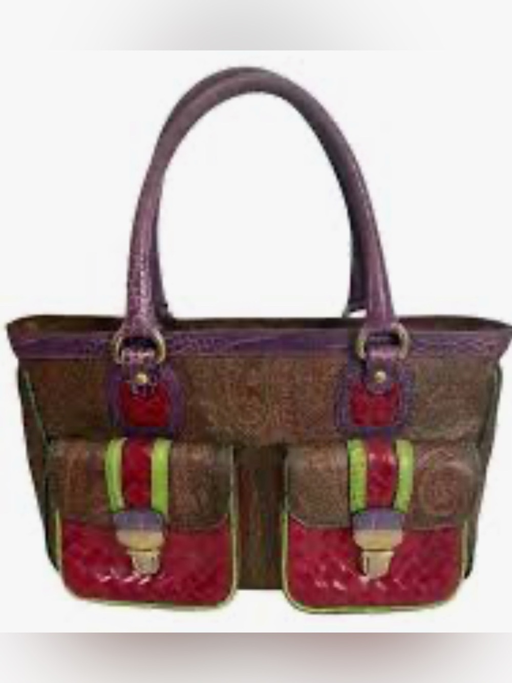 ETRO MILANO Vintage Brown Satchel with Purple Handles and Red Front Pockets